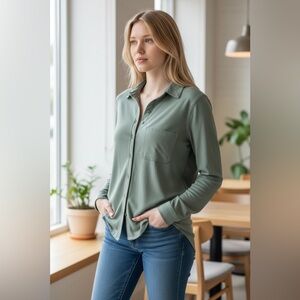 Bobi Los Angeles Sage Green Button Front Shirt NWT Cotton Long Sleeve Pocket S